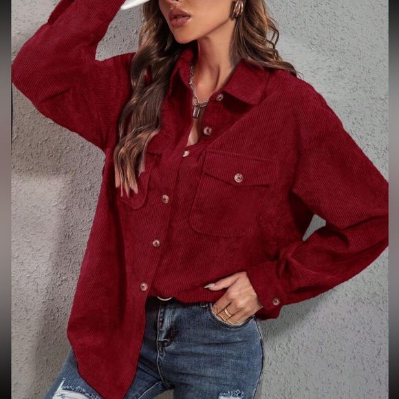 Boho burgundy button down corduroy shirt - Picture 1 of 16
